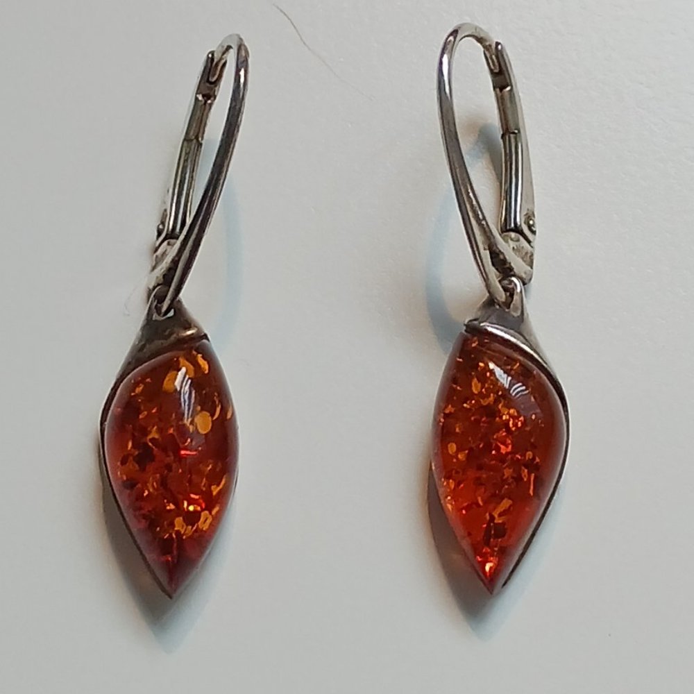 Amber and Sterling Silver Leverback Drop Dangle Earrings